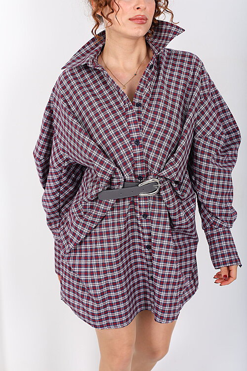 Yarasa Kol Kemerli Kadın Bordo Ekose Gömlek Elbise - Berox (1)