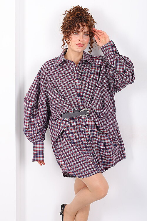 Yarasa Kol Kemerli Kadın Bordo Ekose Gömlek Elbise - 6