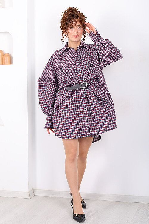 Yarasa Kol Kemerli Kadın Bordo Ekose Gömlek Elbise - 4