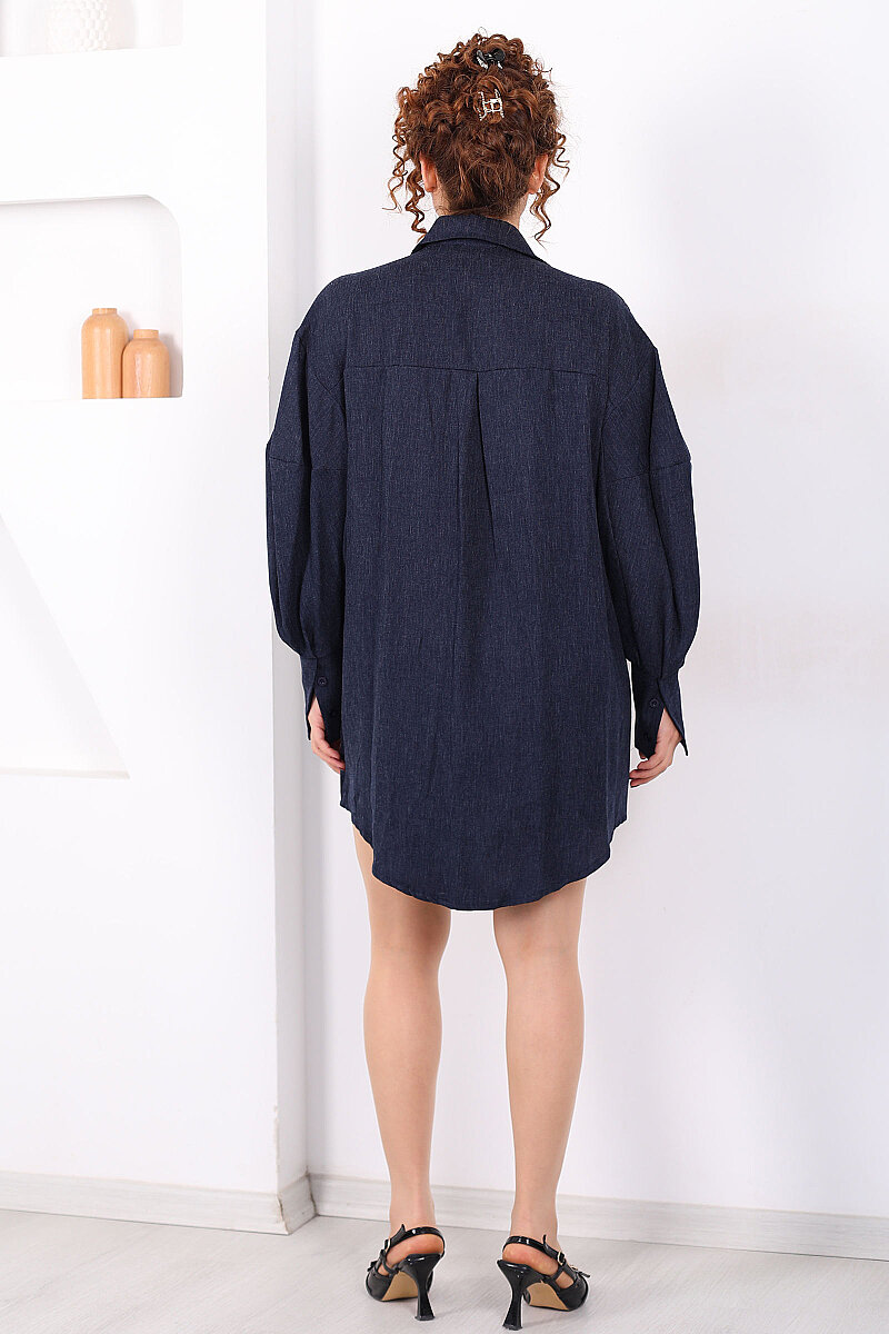 Yarasa Kol Kemerli Kot Görünümlü Kadın Lacivert Gömlek Elbise - 5