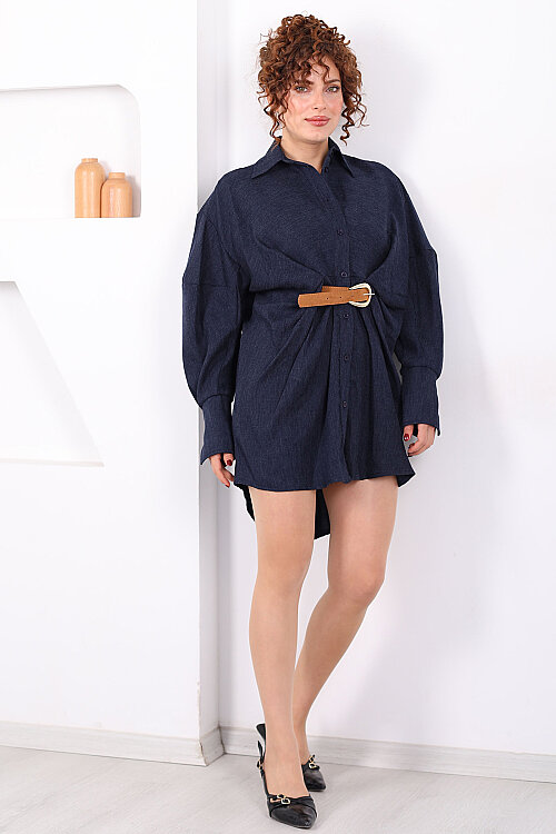 Yarasa Kol Kemerli Kot Görünümlü Kadın Lacivert Gömlek Elbise - 6