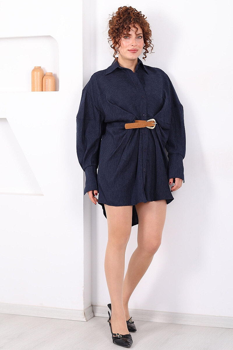 Yarasa Kol Kemerli Kot Görünümlü Kadın Lacivert Gömlek Elbise - 6