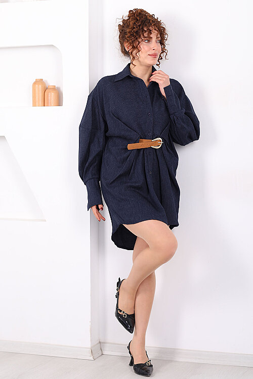 Yarasa Kol Kemerli Kot Görünümlü Kadın Lacivert Gömlek Elbise - 3
