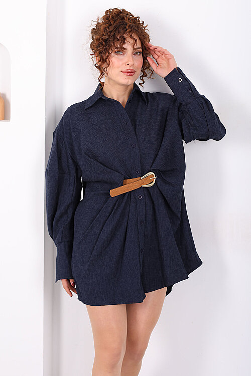 Yarasa Kol Kemerli Kot Görünümlü Kadın Lacivert Gömlek Elbise - 7