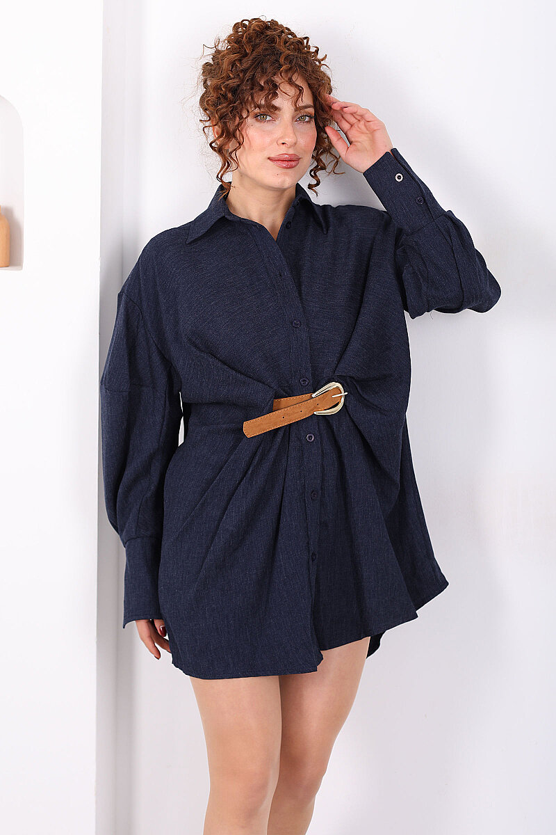 Yarasa Kol Kemerli Kot Görünümlü Kadın Lacivert Gömlek Elbise - 7