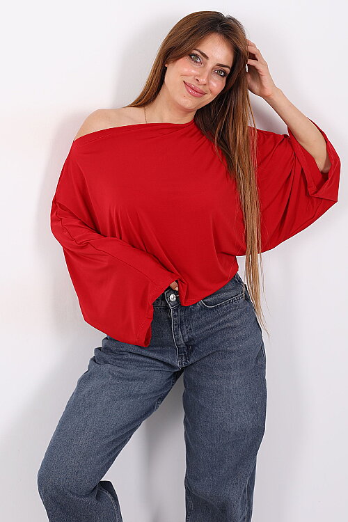 Yarasa Kol Kırmızı Kadın Sandy Salaş Bluz - 3