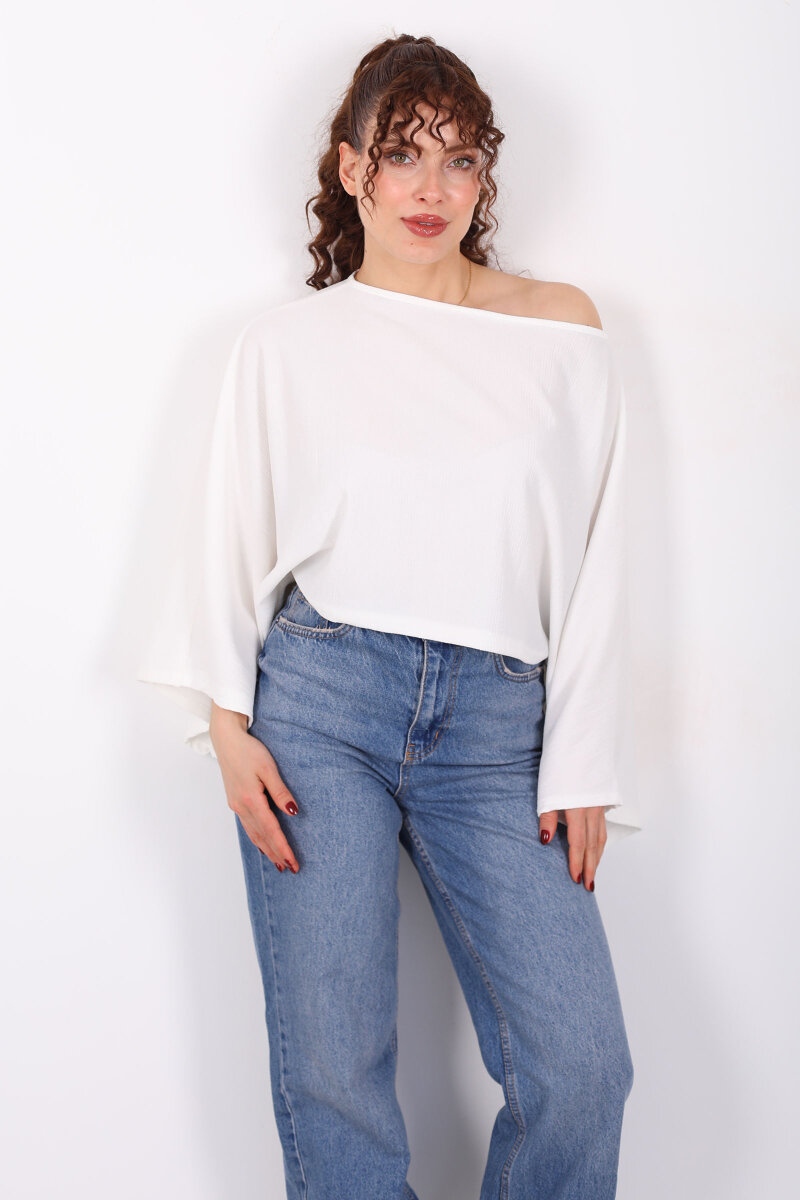 Yarasa Kol Ribana Beyaz Kadın Bluz - 6
