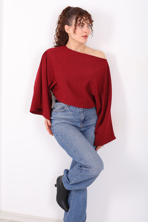 Yarasa Kol Ribana Bordo Kadın Bluz - 4