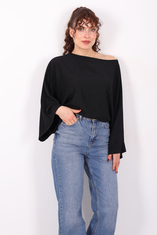 Yarasa Kol Ribana Siyah Kadın Bluz - Berox