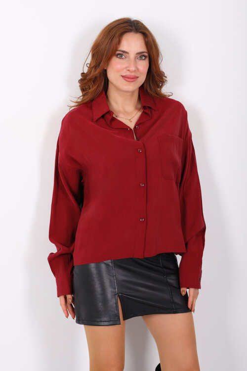 Yarasa Kol Tek Cepli Bordo Kadın Gömlek - 5
