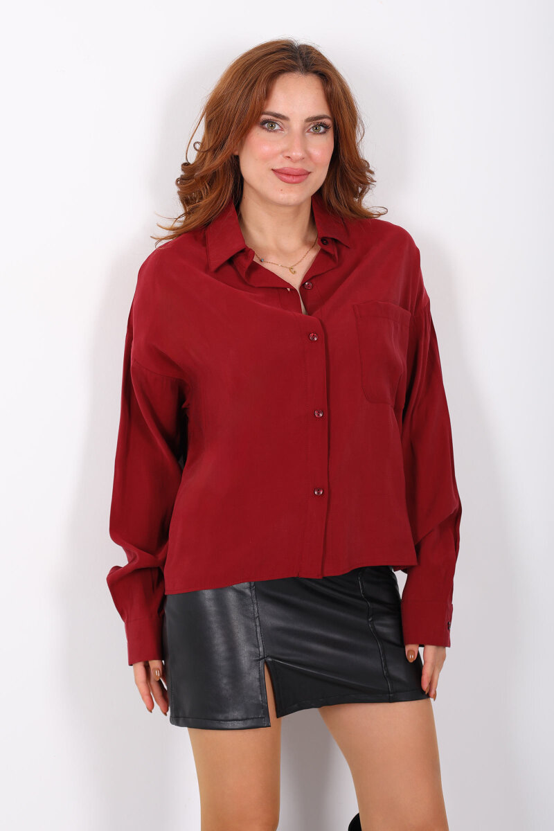 Yarasa Kol Tek Cepli Bordo Kadın Gömlek - 5