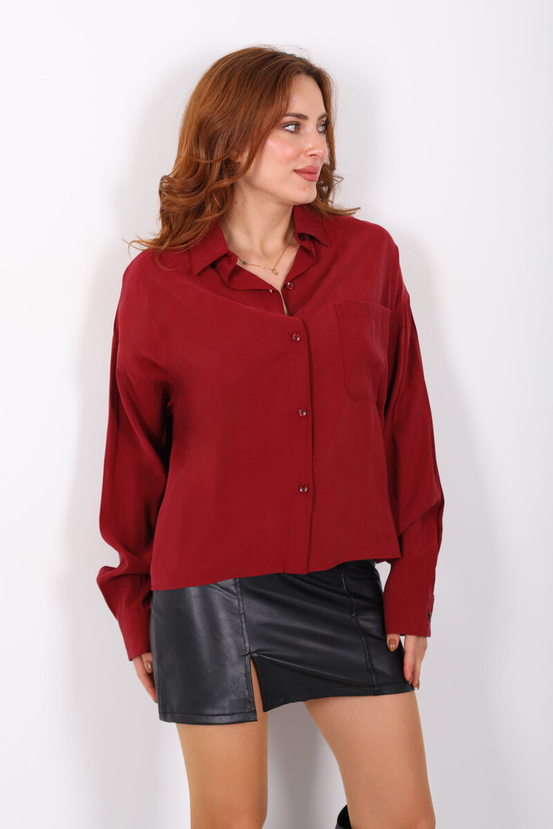 Yarasa Kol Tek Cepli Bordo Kadın Gömlek - 3