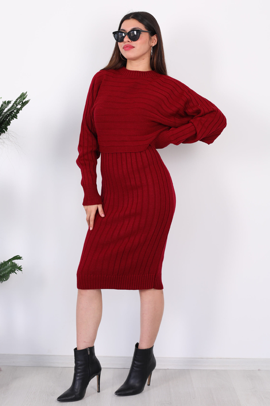 Yarasa Kol Triko Takım Kadın Bordo Elbise - 1