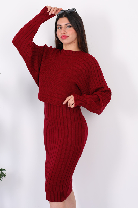 Yarasa Kol Triko Takım Kadın Bordo Elbise - 6
