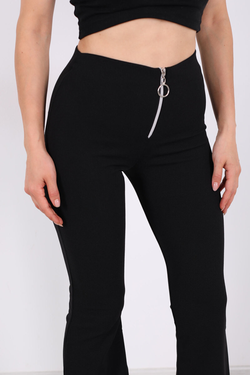 Yarım Fermuar İspanyol Paça Siyah Kadın Krep Pantolon - 2