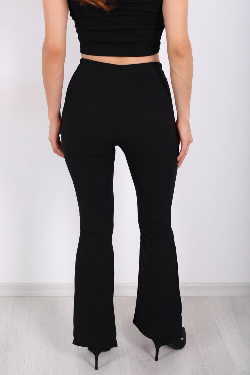 Yarım Fermuar İspanyol Paça Siyah Kadın Krep Pantolon - 4