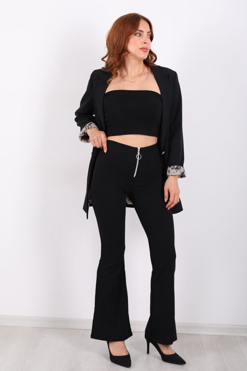 Yarım Fermuar İspanyol Paça Siyah Kadın Krep Pantolon - Berox