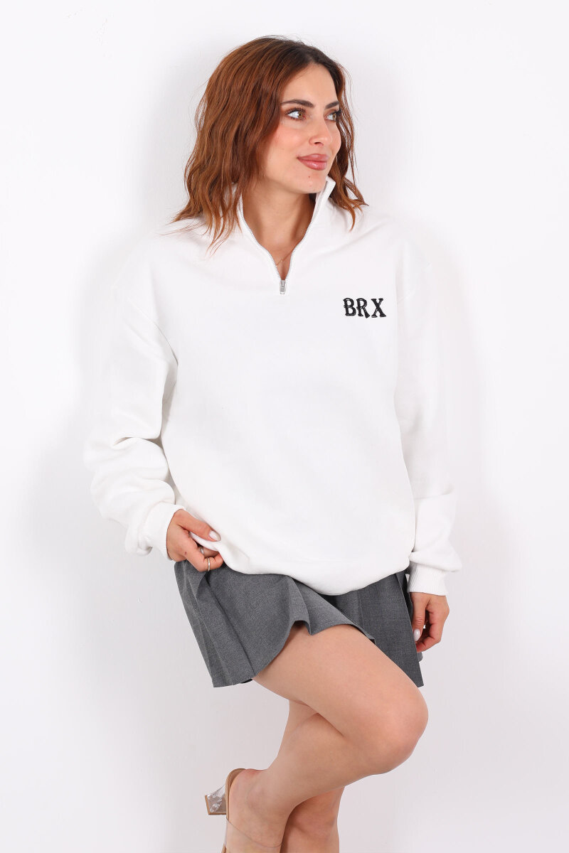 Yarım Fermuarlı BRX Baskılı Beyaz Kadın Sweat - 3