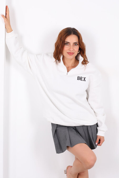 Yarım Fermuarlı BRX Baskılı Beyaz Kadın Sweat - Berox