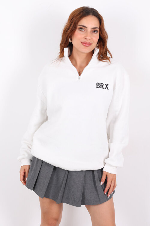 Yarım Fermuarlı BRX Baskılı Beyaz Kadın Sweat - 4