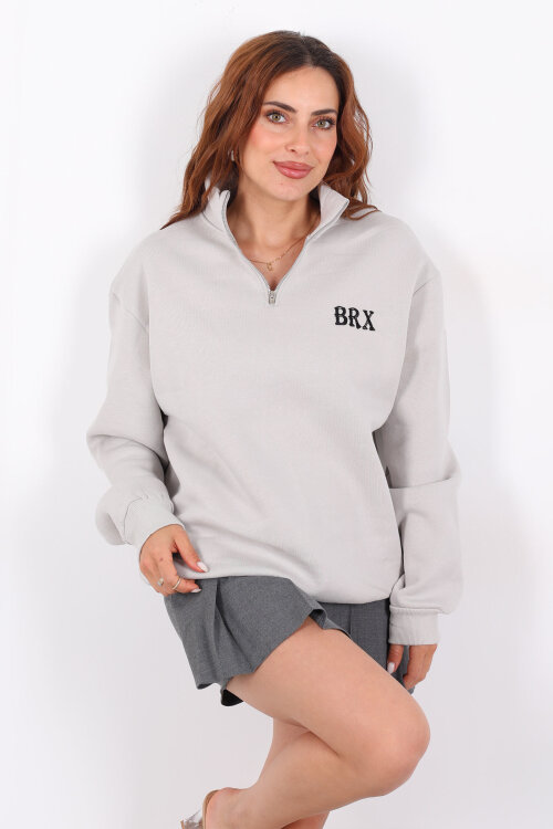Yarım Fermuarlı BRX Baskılı Gri Kadın Sweat - 4
