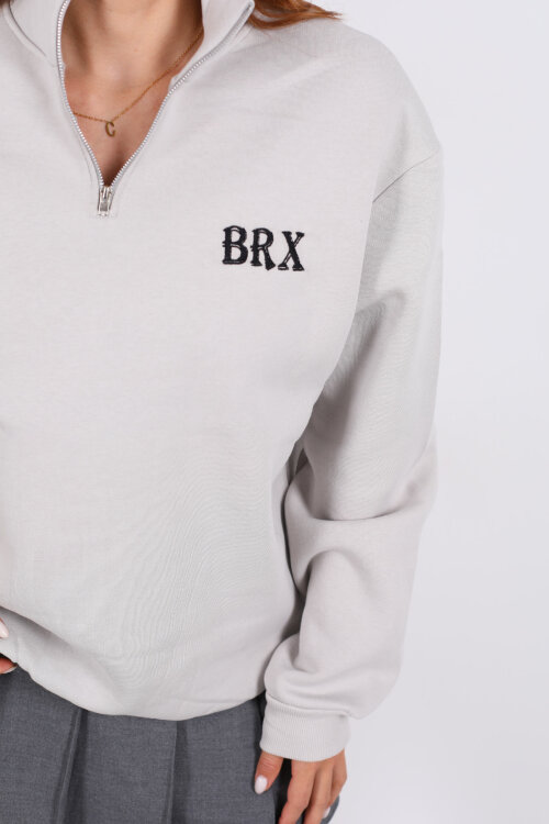 Yarım Fermuarlı BRX Baskılı Gri Kadın Sweat - Berox (1)