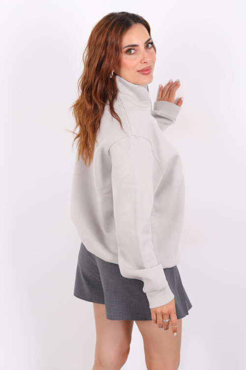 Yarım Fermuarlı BRX Baskılı Gri Kadın Sweat - 5