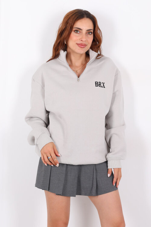Yarım Fermuarlı BRX Baskılı Gri Kadın Sweat - 6