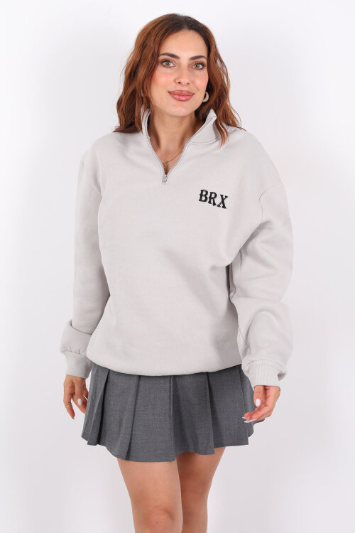 Yarım Fermuarlı BRX Baskılı Gri Kadın Sweat - 3