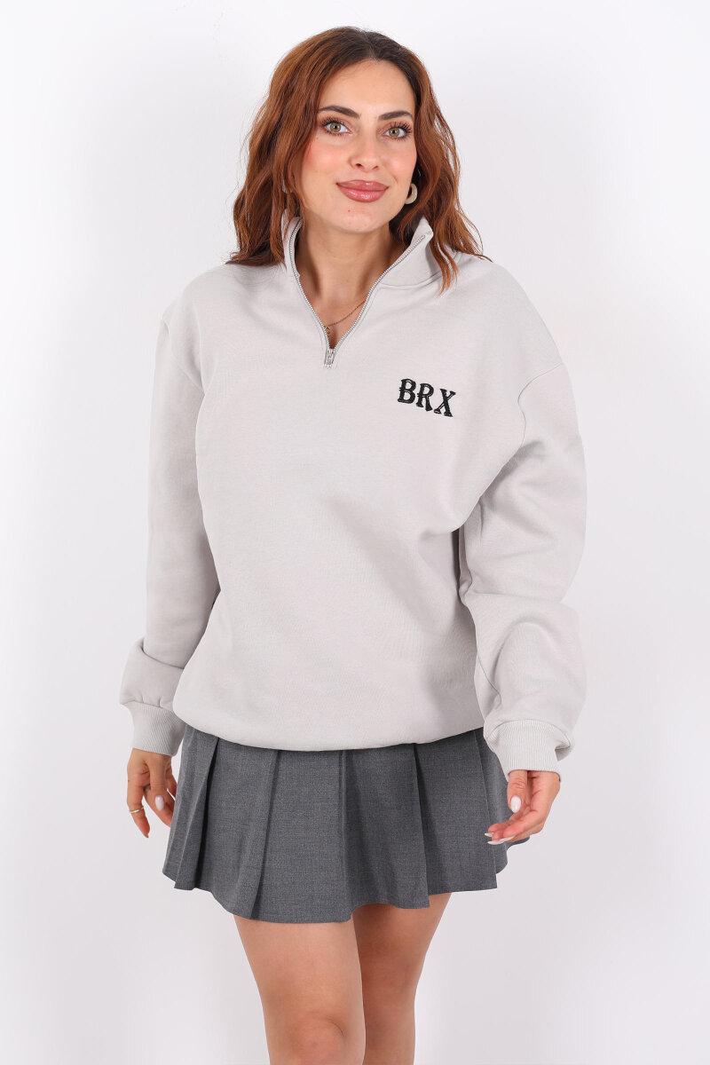 Yarım Fermuarlı BRX Baskılı Gri Kadın Sweat - 3