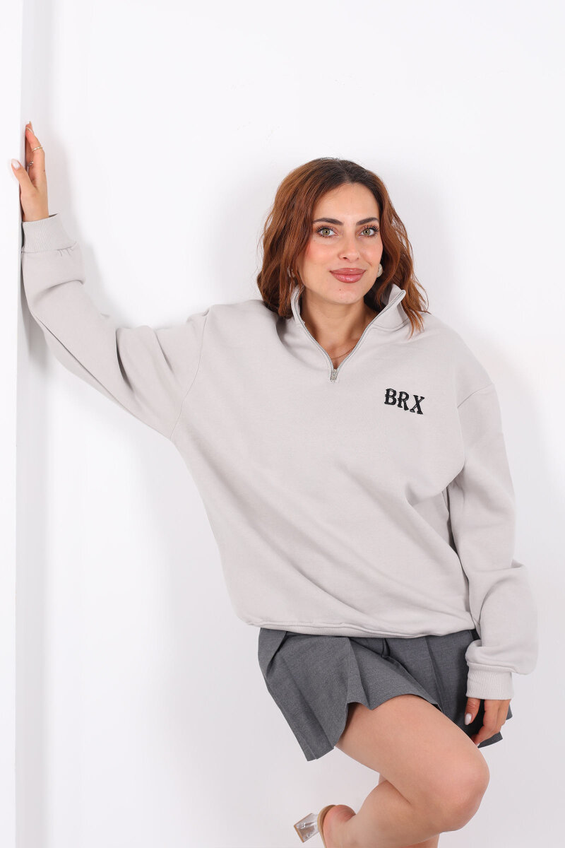 Yarım Fermuarlı BRX Baskılı Gri Kadın Sweat - 1