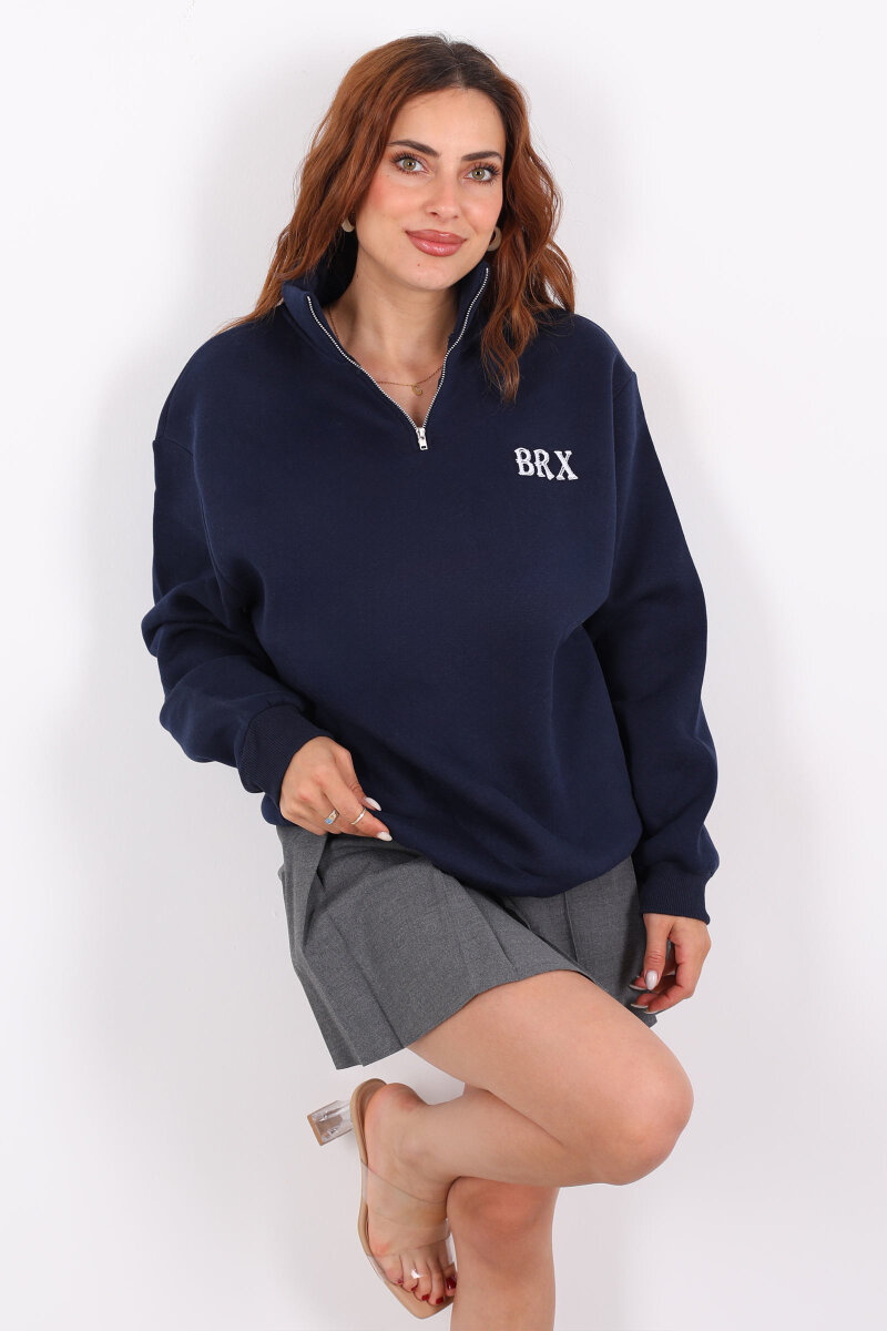 Yarım Fermuarlı BRX Baskılı Lacivert Kadın Sweat - 1