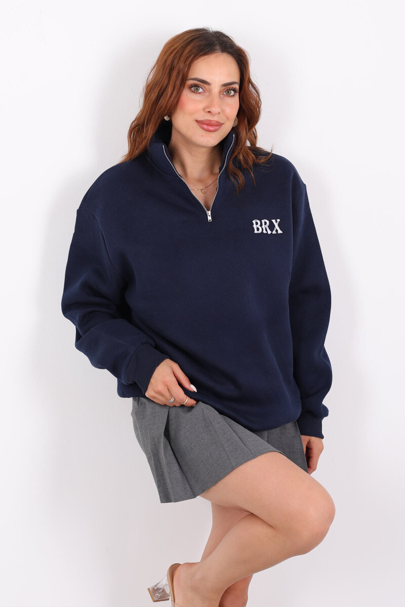 Yarım Fermuarlı BRX Baskılı Lacivert Kadın Sweat - 4