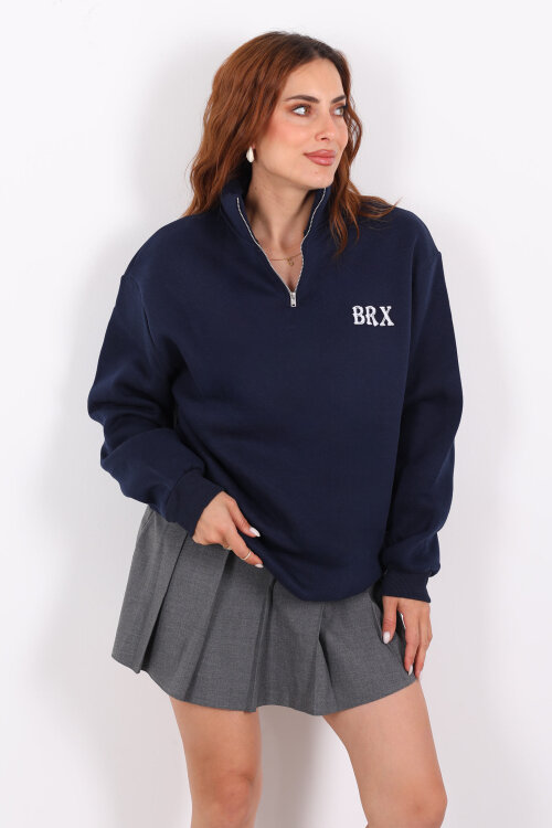 Yarım Fermuarlı BRX Baskılı Lacivert Kadın Sweat - 3