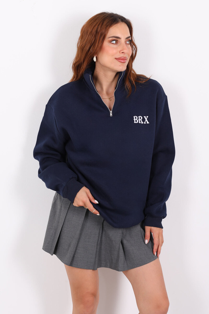 Yarım Fermuarlı BRX Baskılı Lacivert Kadın Sweat - 3