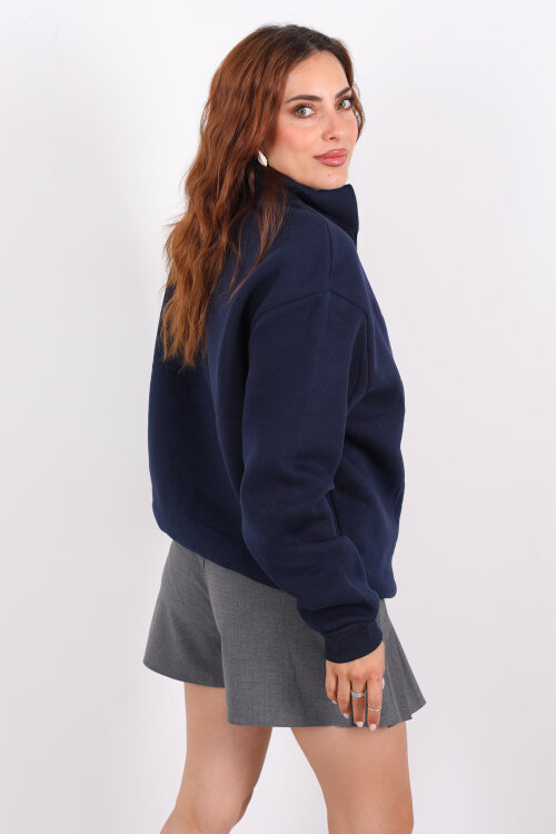 Yarım Fermuarlı BRX Baskılı Lacivert Kadın Sweat - 5