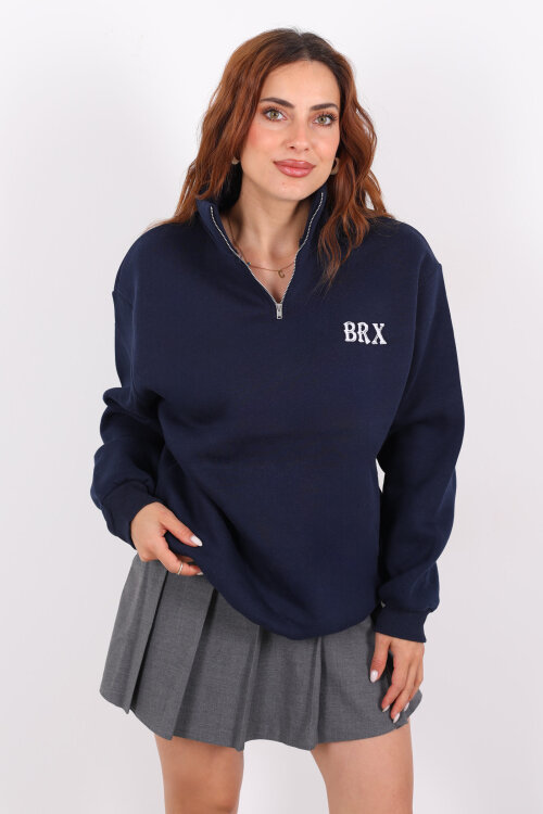 Yarım Fermuarlı BRX Baskılı Lacivert Kadın Sweat - 6