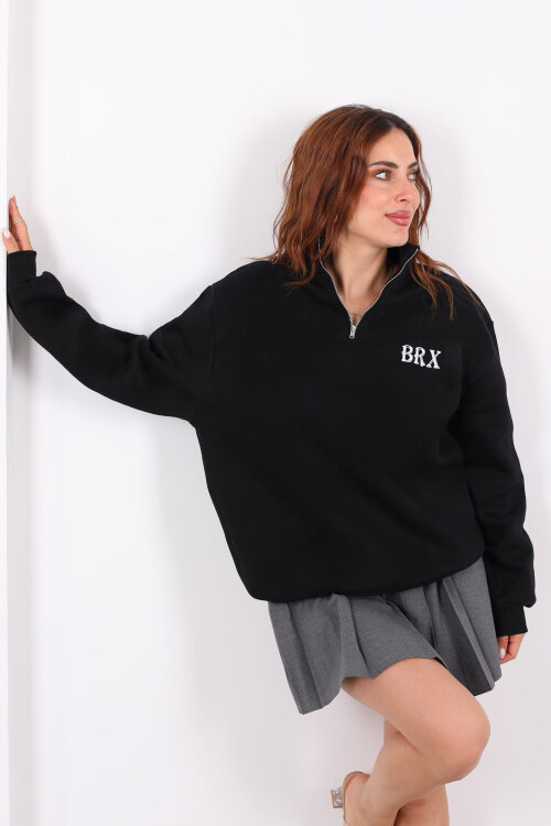 Yarım Fermuarlı BRX Baskılı Siyah Kadın Sweat - 3