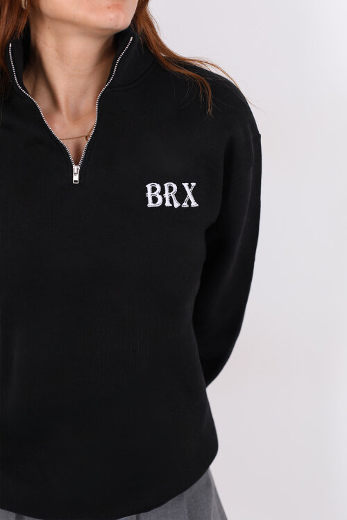 Yarım Fermuarlı BRX Baskılı Siyah Kadın Sweat - Berox (1)
