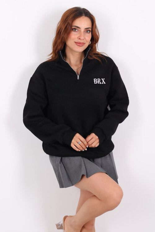 Yarım Fermuarlı BRX Baskılı Siyah Kadın Sweat - Berox