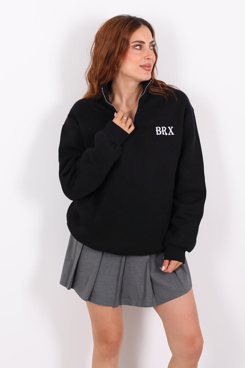 Yarım Fermuarlı BRX Baskılı Siyah Kadın Sweat - 4
