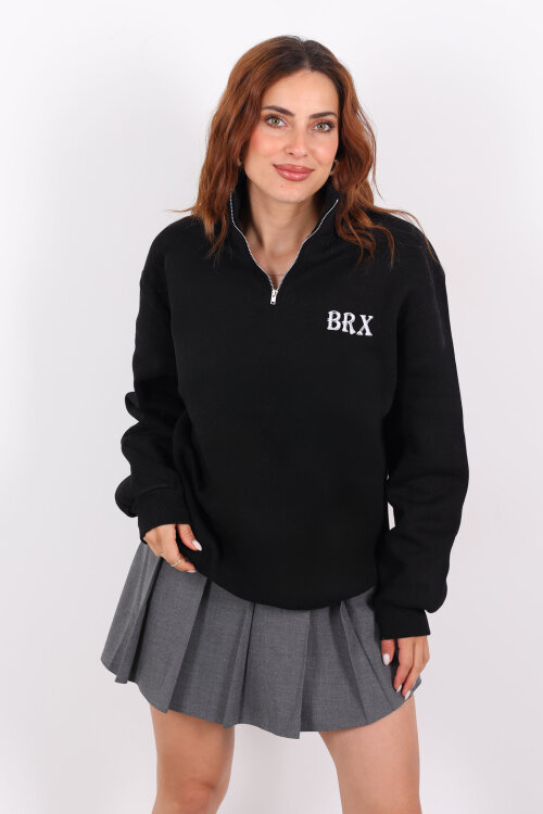 Yarım Fermuarlı BRX Baskılı Siyah Kadın Sweat - 6