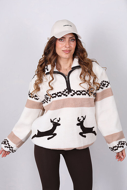 Yarım Fermuarlı Desenli Cepli Kahverengi Peluş Sweatshirt - 6
