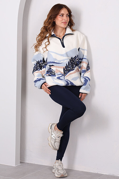 Yarım Fermuarlı Desenli Cepli Mavi Peluş Sweatshirt - 4