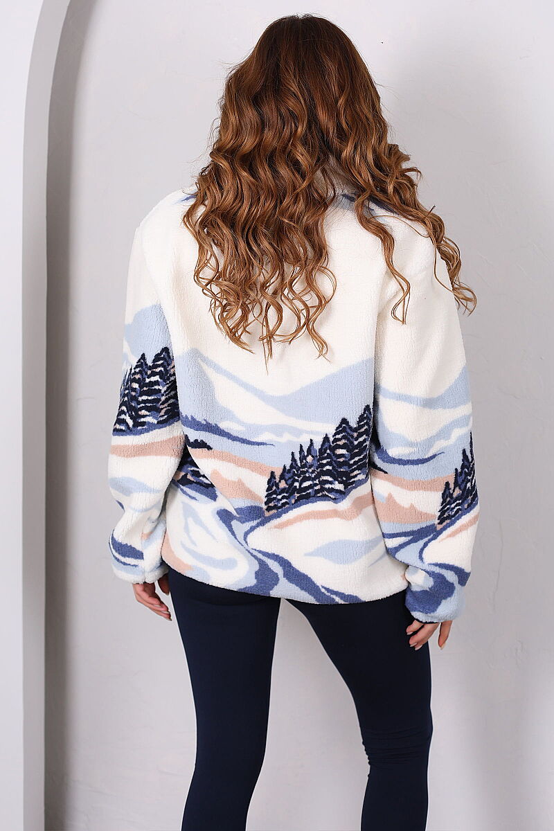 Yarım Fermuarlı Desenli Cepli Mavi Peluş Sweatshirt - 5