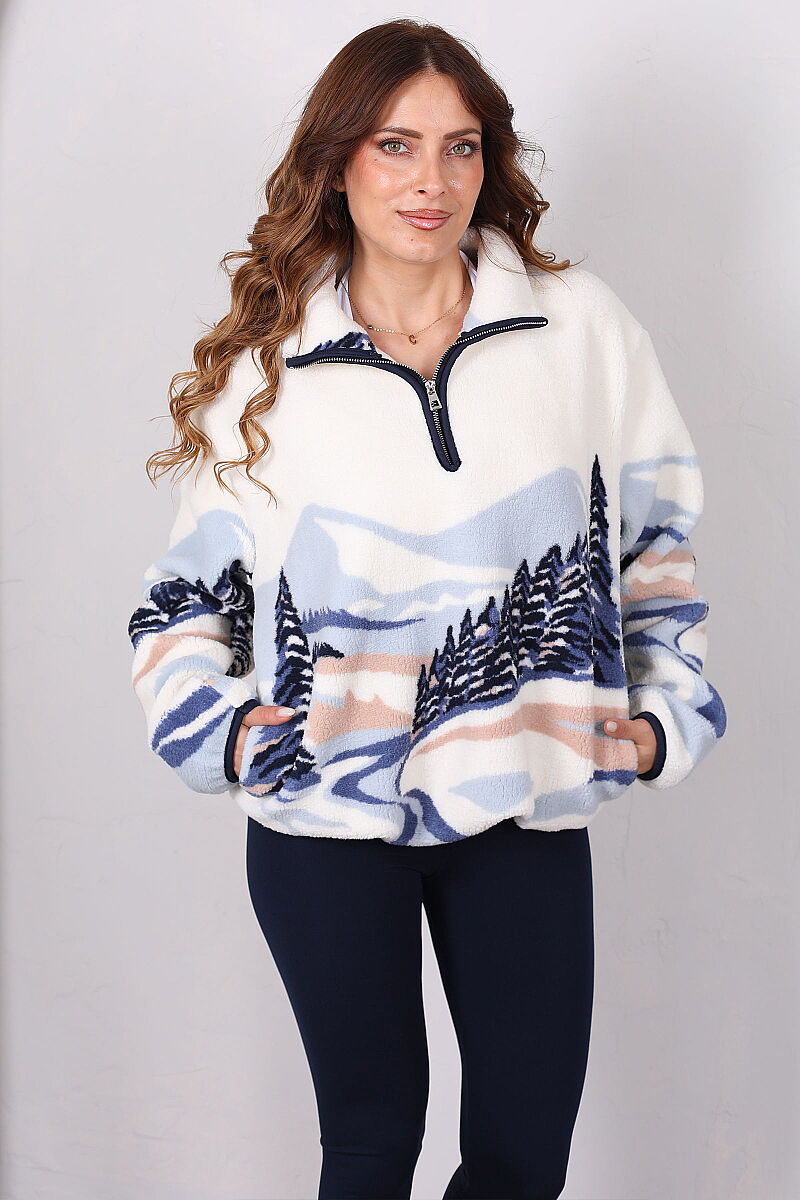 Yarım Fermuarlı Desenli Cepli Mavi Peluş Sweatshirt - 6
