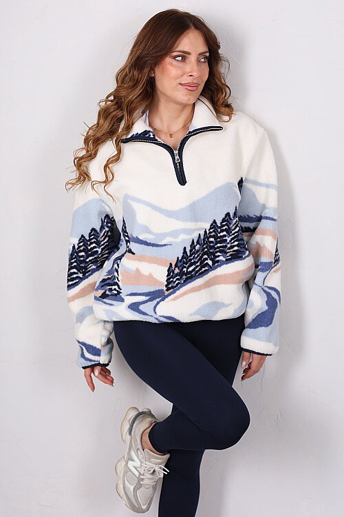 Yarım Fermuarlı Desenli Cepli Mavi Peluş Sweatshirt - Berox