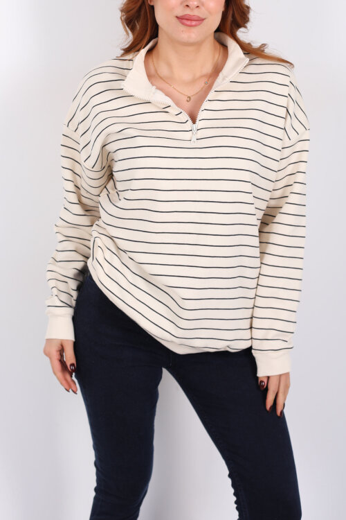 Yarım Fermuarlı Dik Yaka Krem Kadın Çizgili Sweat - Berox (1)