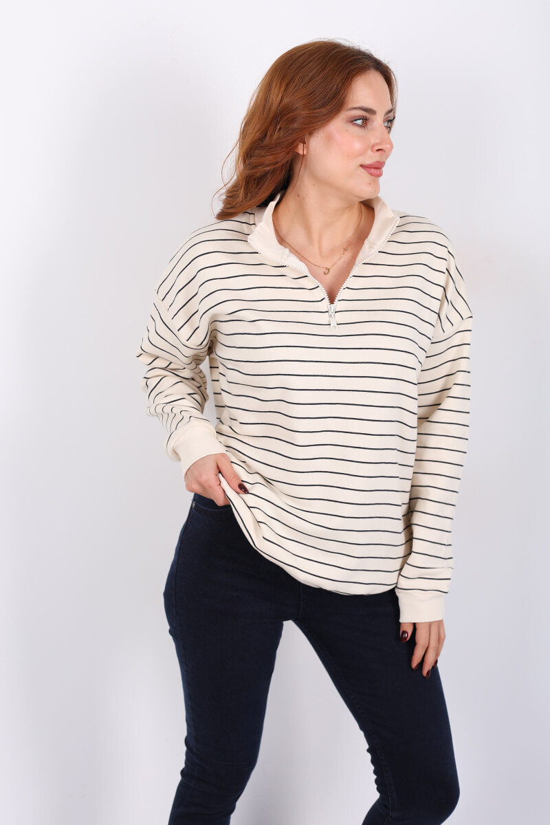 Yarım Fermuarlı Dik Yaka Krem Kadın Çizgili Sweat - 4