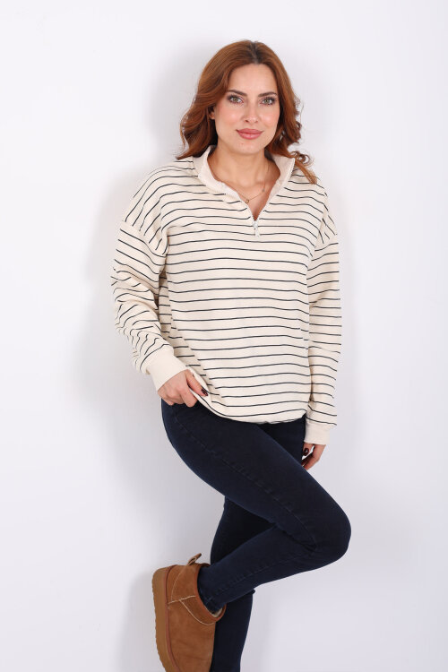 Yarım Fermuarlı Dik Yaka Krem Kadın Çizgili Sweat - 3